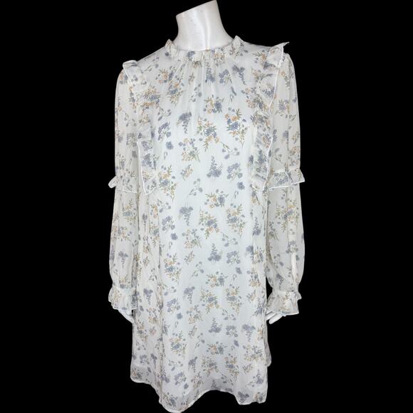 Allegra K Floral Ruffle Long Sleeve Mini Dress White Lined L Feminine Romantic - Picture 1 of 13